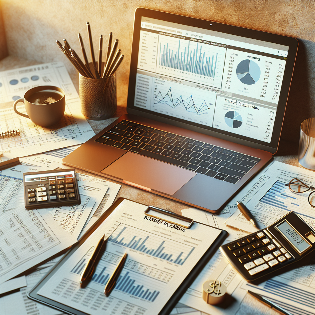 A realistic depiction of a desk setup for budget planning, featuring a laptop with financial charts, documents, a calculator, and a coffee cup.