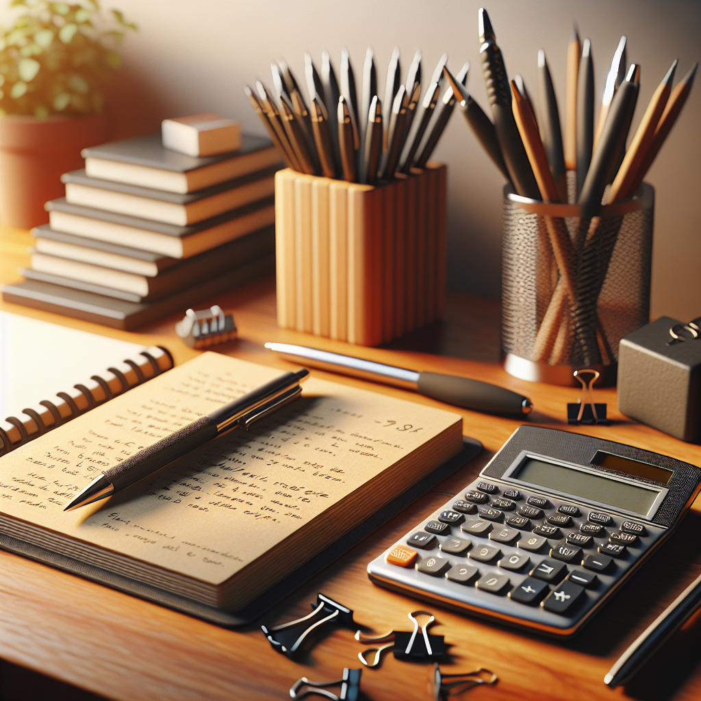 A realistic and organized workspace desk with a notebook, calculator, and a pen holder placed on a wooden surface.