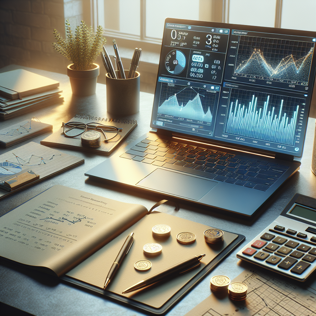 An organized desk with a laptop showing financial charts, a notepad, a calculator, and coins, representing the budget planning process.