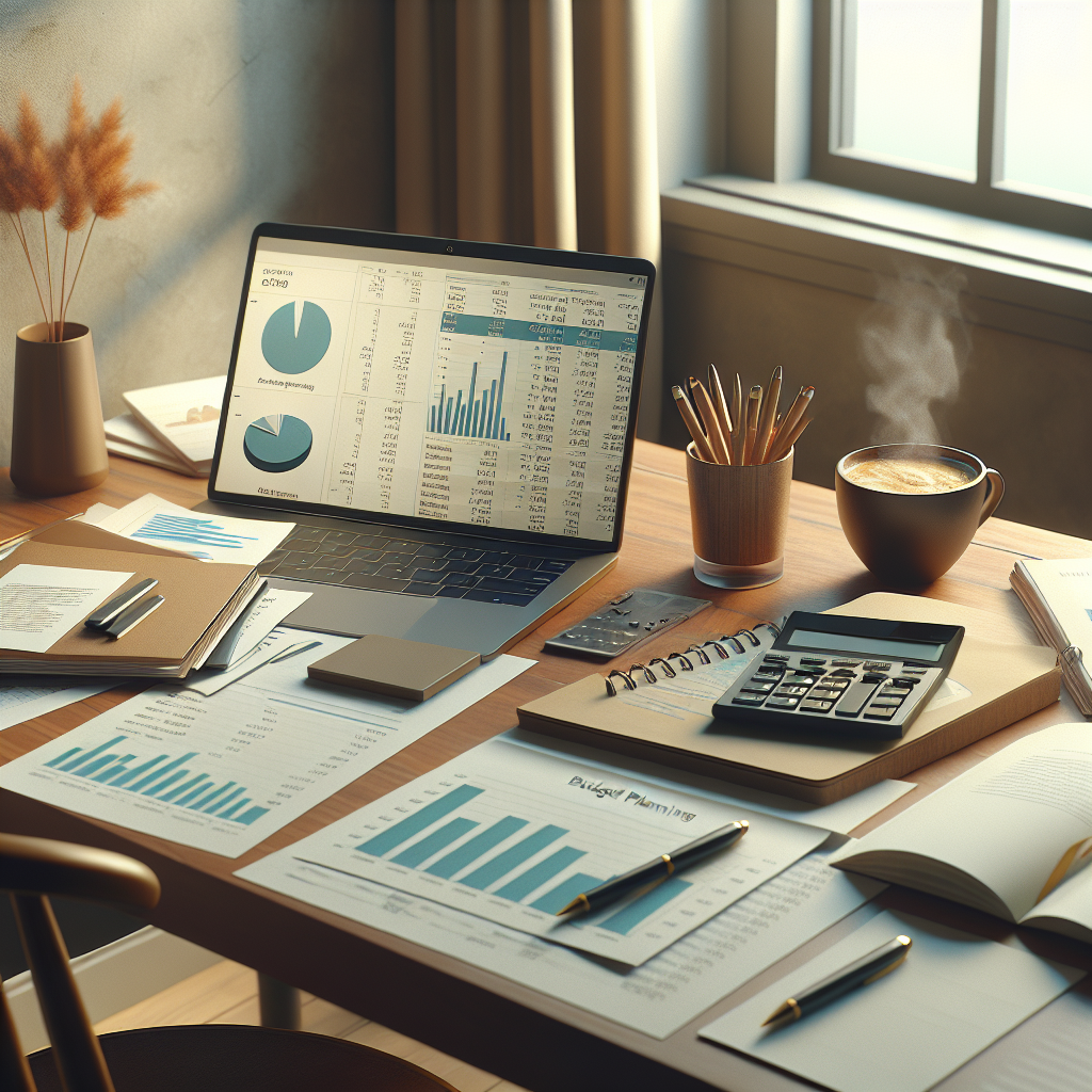 A neat workspace with financial documents, calculator, laptop showing charts, and a cup of coffee, representing budget planning.