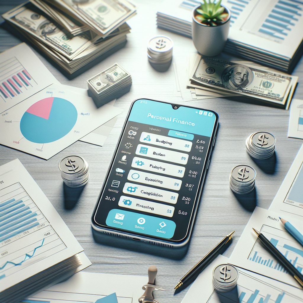 A smartphone displaying a personal finance app on a clean desk with financial documents and graphs.