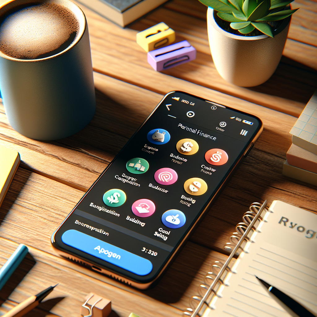 A smartphone displaying a personal finance app surrounded by a coffee cup, notebook, and pen on a wooden table, in a cozy setting.