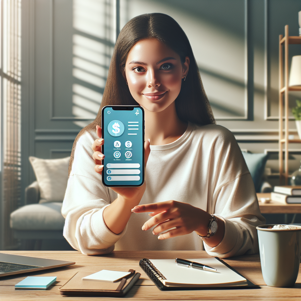 A young adult using a personal finance app on their smartphone at a tidy desk.