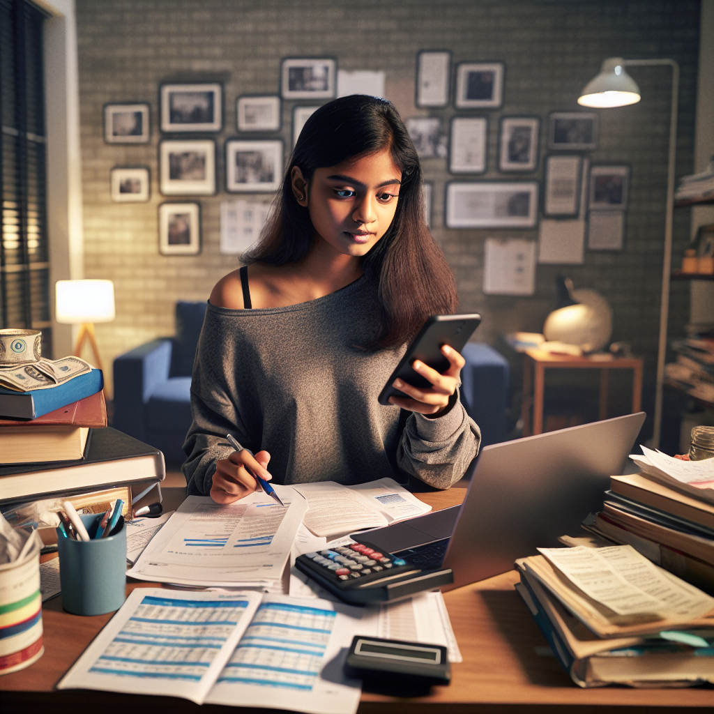 A college student using a budgeting app at a desk full of textbooks and financial documents.