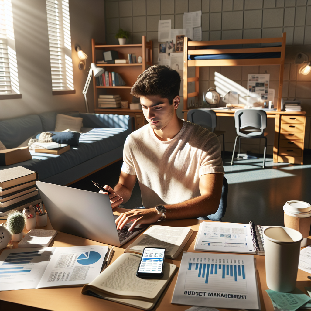 A college student managing finances with a laptop and financial documents in a well-lit dorm room.