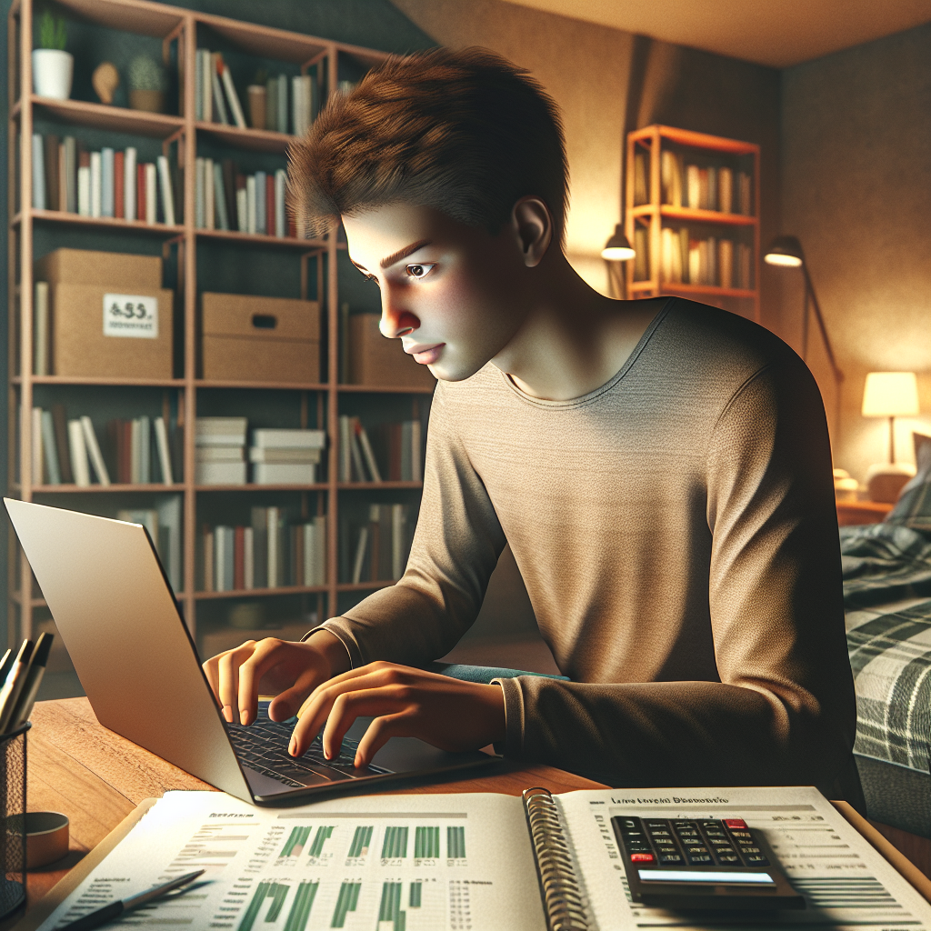 A college student using a budgeting app on a laptop in a dorm room.