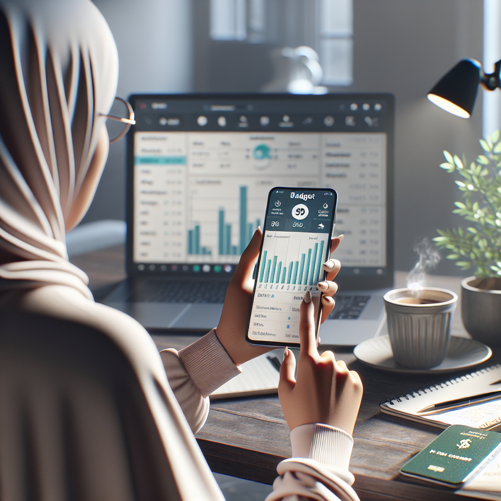 Person using a budget app on a smartphone at a desk.