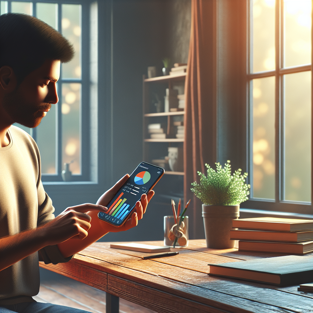 Person using a budget app on a smartphone in a home office setting.