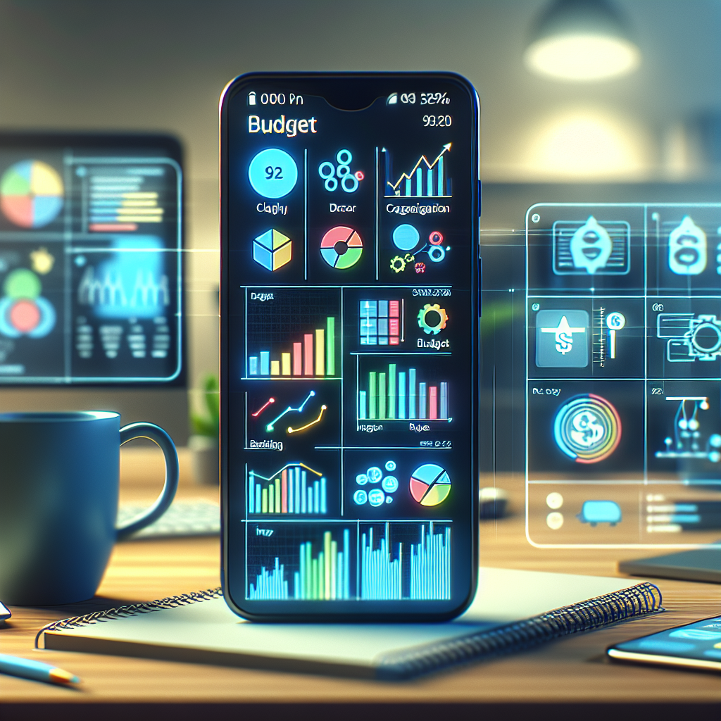 Realistic depiction of a digital budget app interface on a smartphone screen, with a modern office desk background.