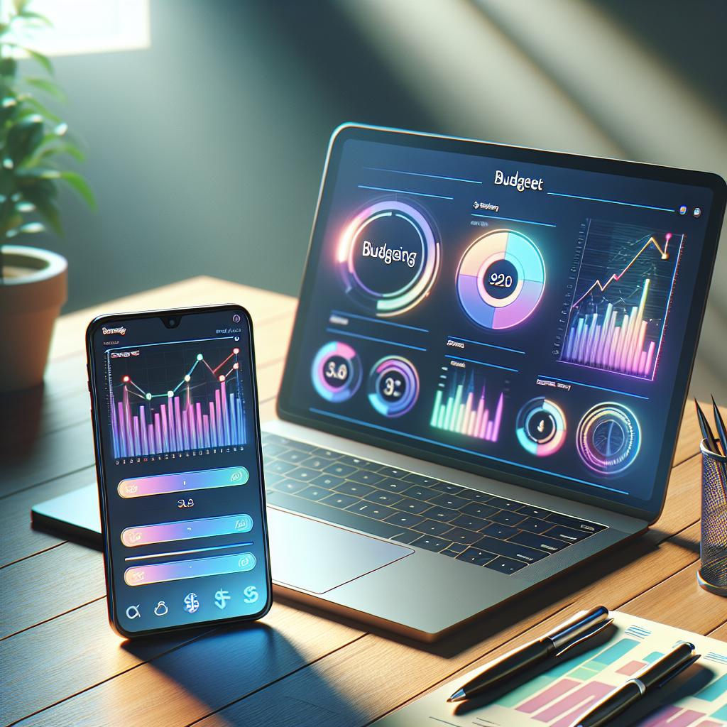Smartphone and laptop on a desk displaying budget apps with charts.