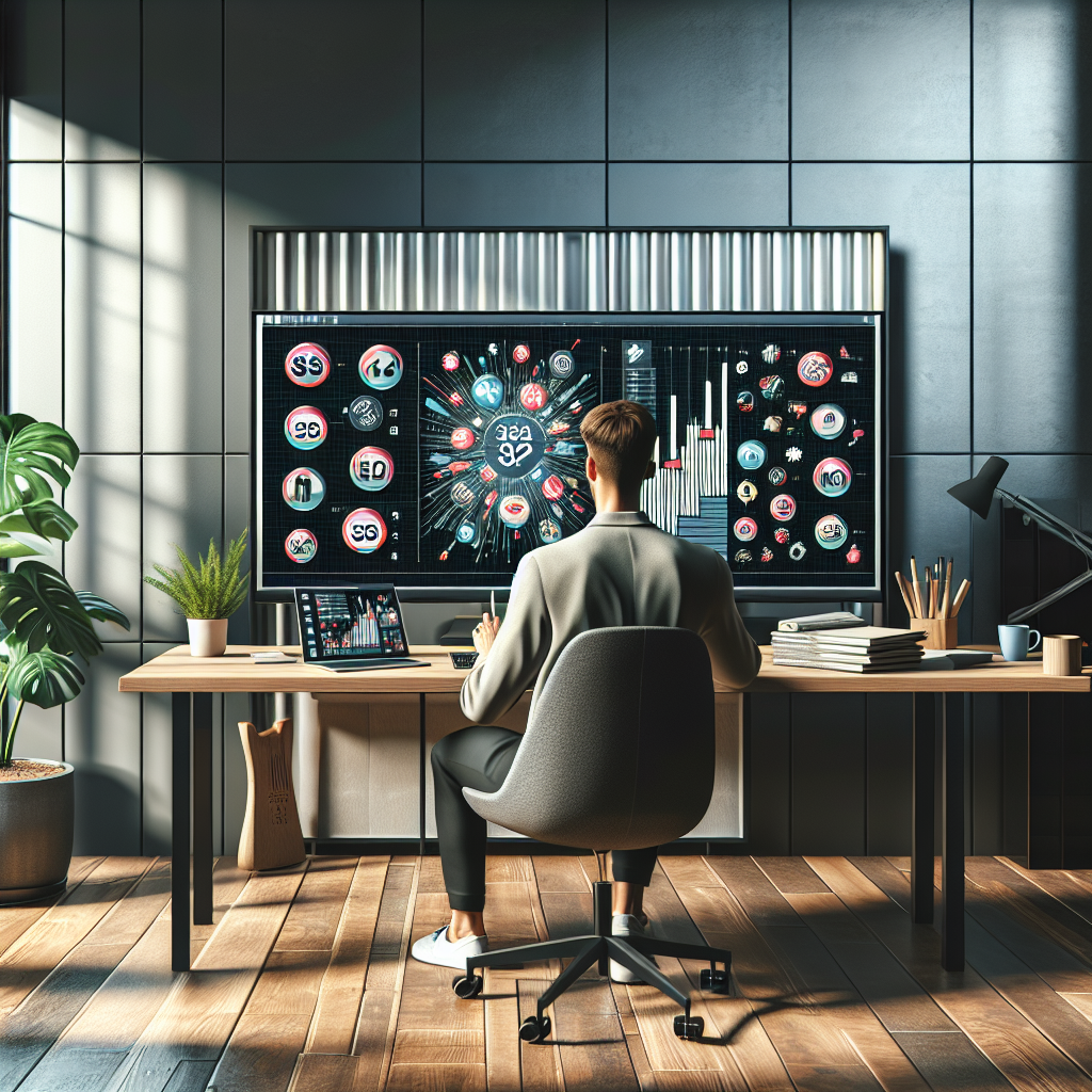 A person at a modern desk using a computer with budget tracking graphics.