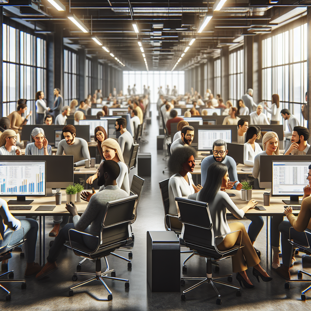 Diverse group discussing budget trackers in a modern co-working space.