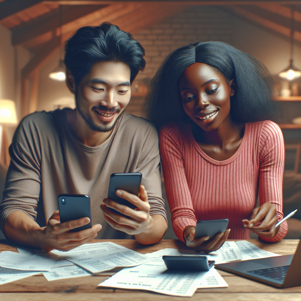 A couple using a budget tracking app on their smartphones at home, surrounded by financial planning materials.