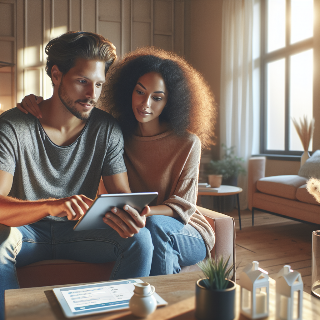 A couple using a budget tracking app on a tablet in a cozy living room.