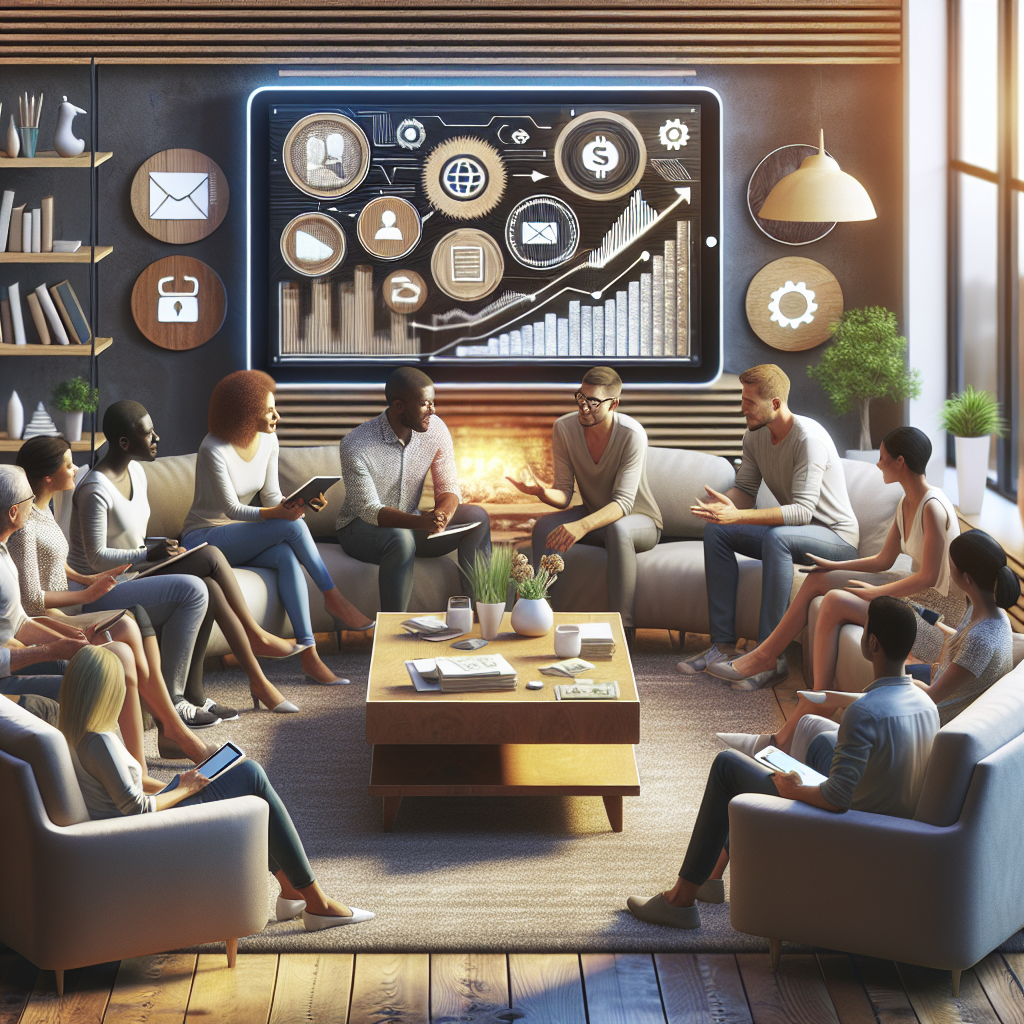 A diverse group discussing personal finance around a tablet in a cozy living room.