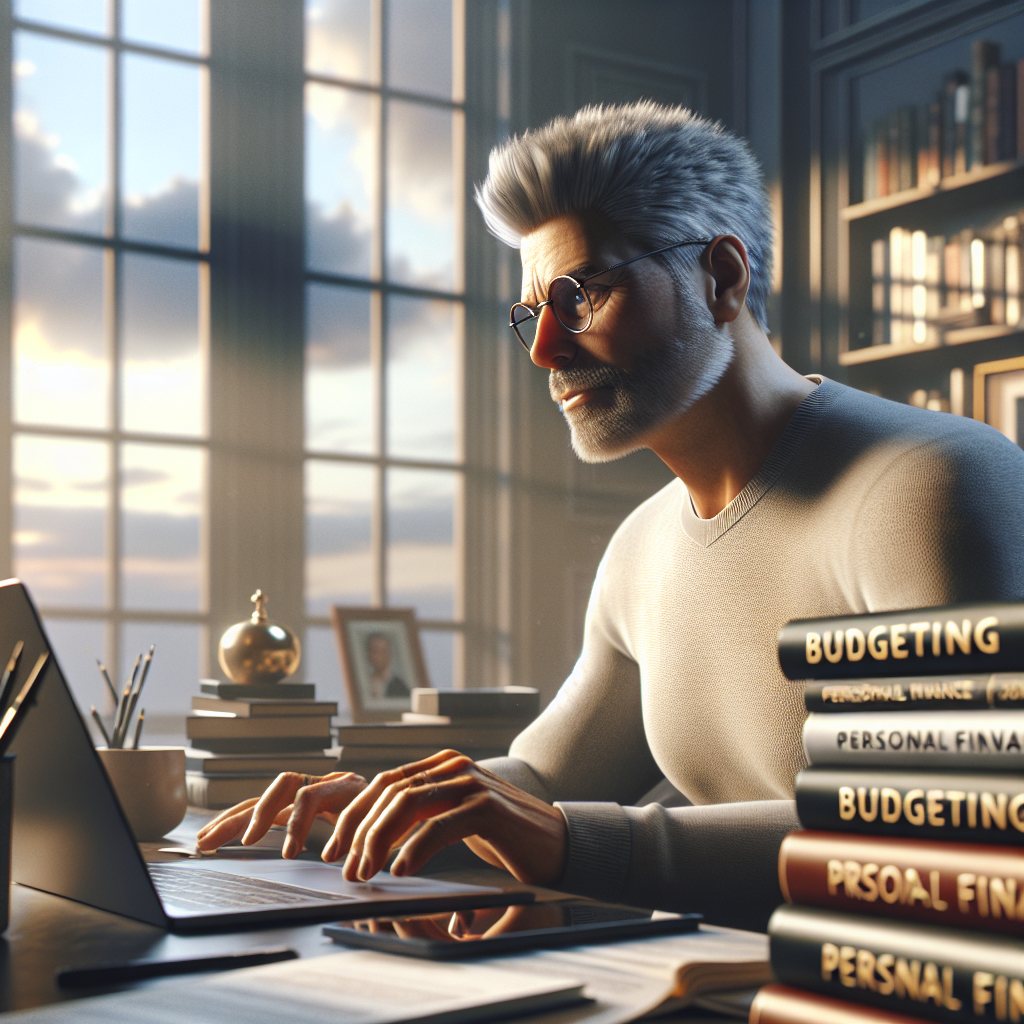 Dave Ramsey sitting at a desk with a laptop and books about budgeting.