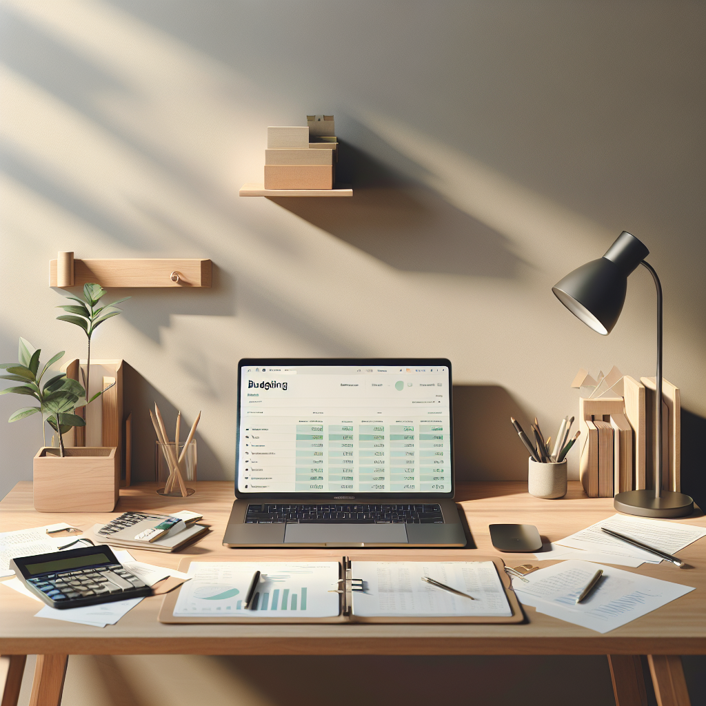 A realistic image of a home budgeting workspace with a laptop, calculator, and notepaper on a wooden desk.