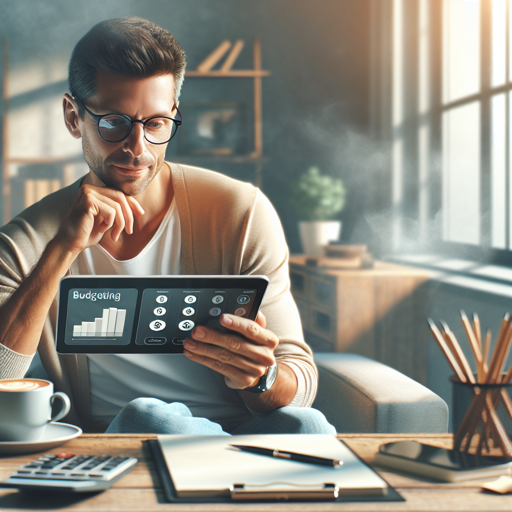 A person using a budgeting app on a device at a desk, depicting financial management.