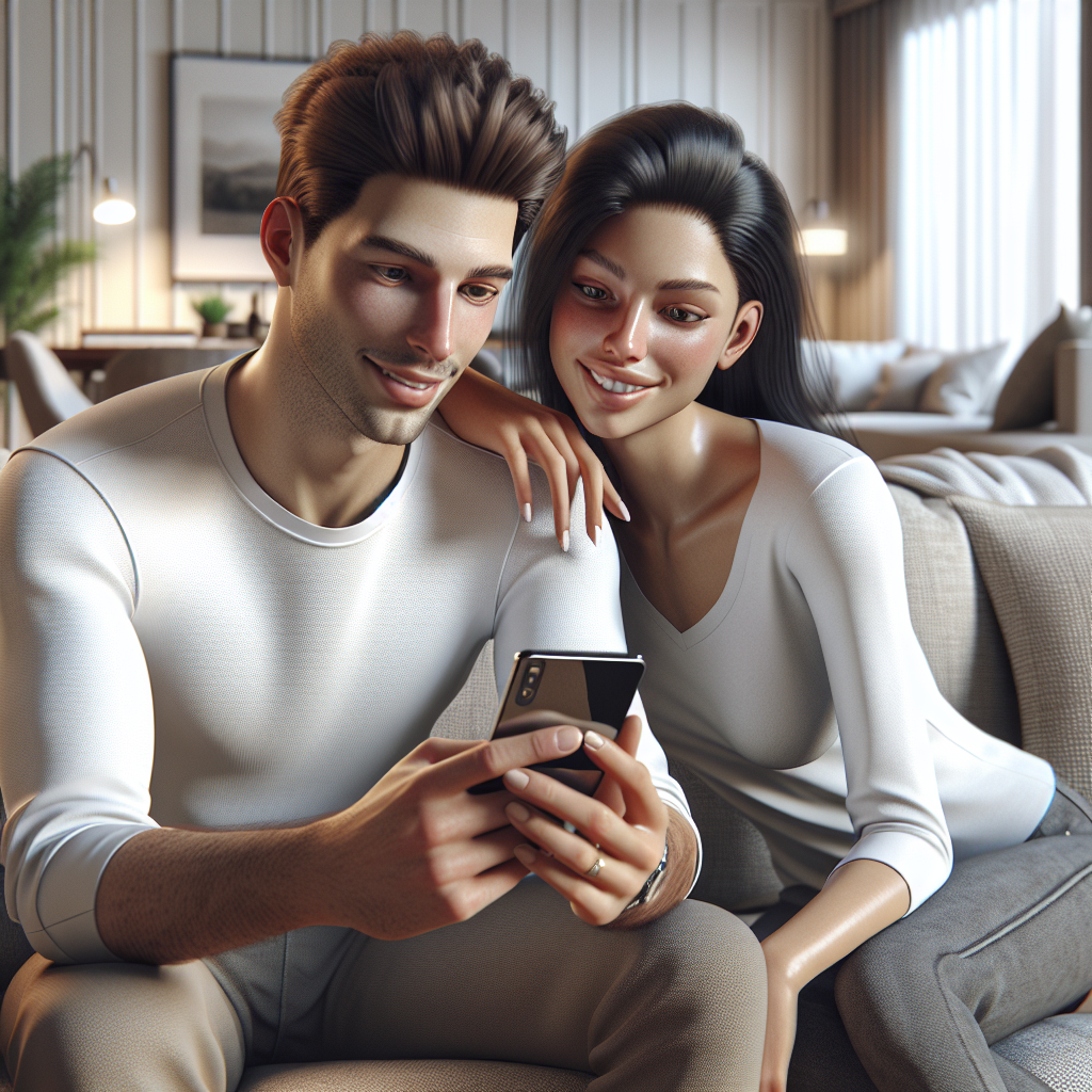 Newlywed couple using a smartphone for budgeting in a cozy living room.