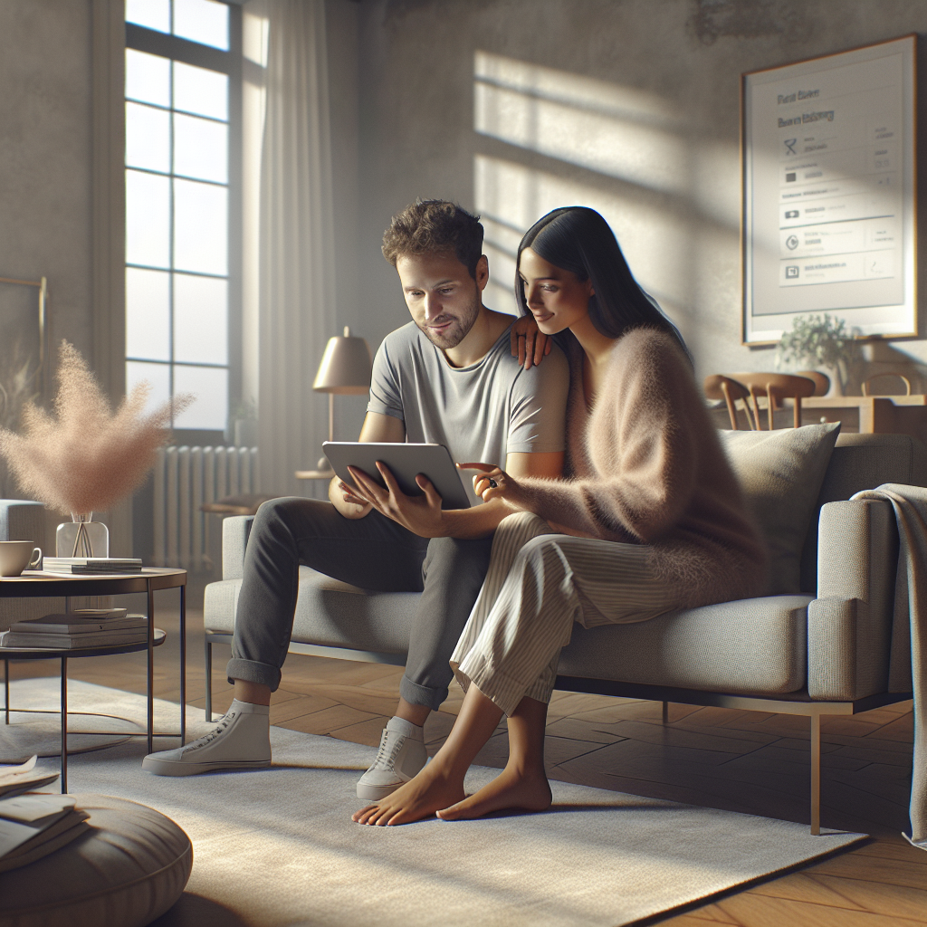 Newlywed couple using a budgeting app on a tablet in a modern living room.