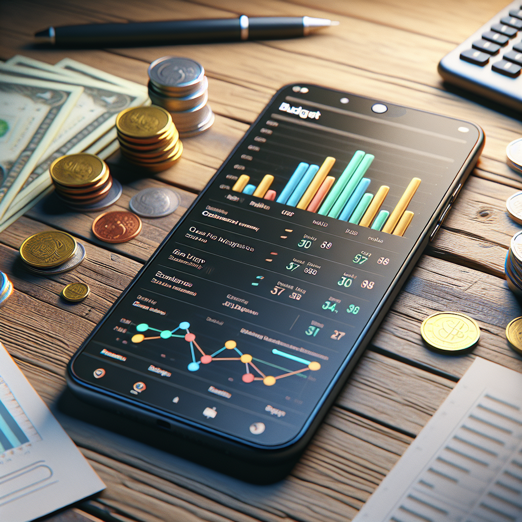 Smartphone displaying budget tracker app on a desk with financial items.