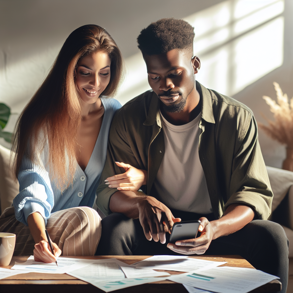 Newlywed couple using a budgeting app on a smartphone in their living room.