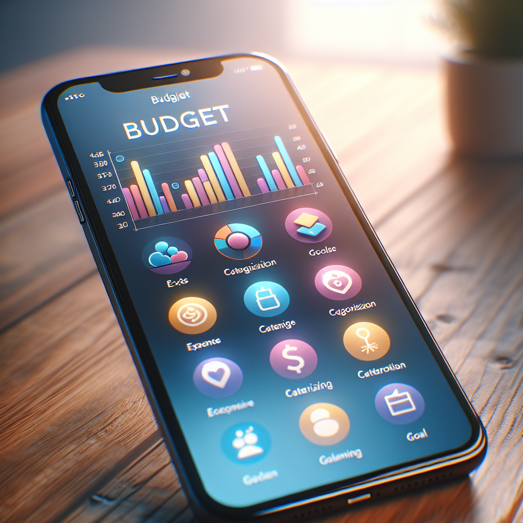 A smartphone displaying a budget tracker app interface on a wooden table.