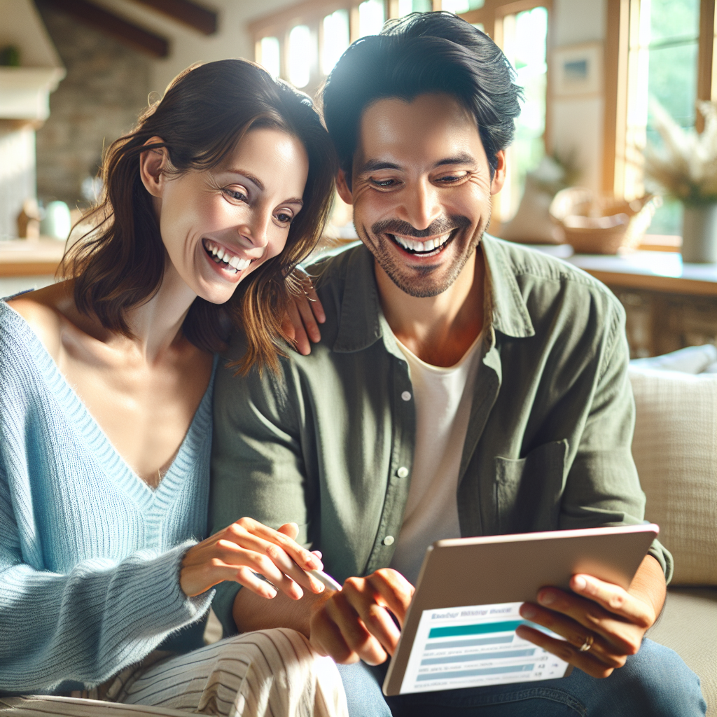 Happy newlywed couple using a budgeting app on a tablet.