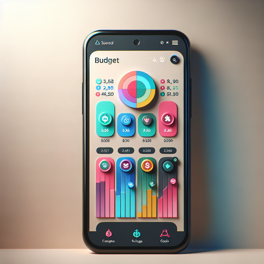 A realistic image of a smartphone displaying a colorful budget tracker app interface.