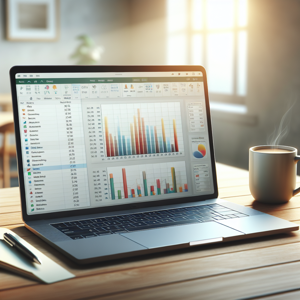 A laptop on a wooden desk displaying an Excel spreadsheet with colorful charts, symbolizing a budget tracker.