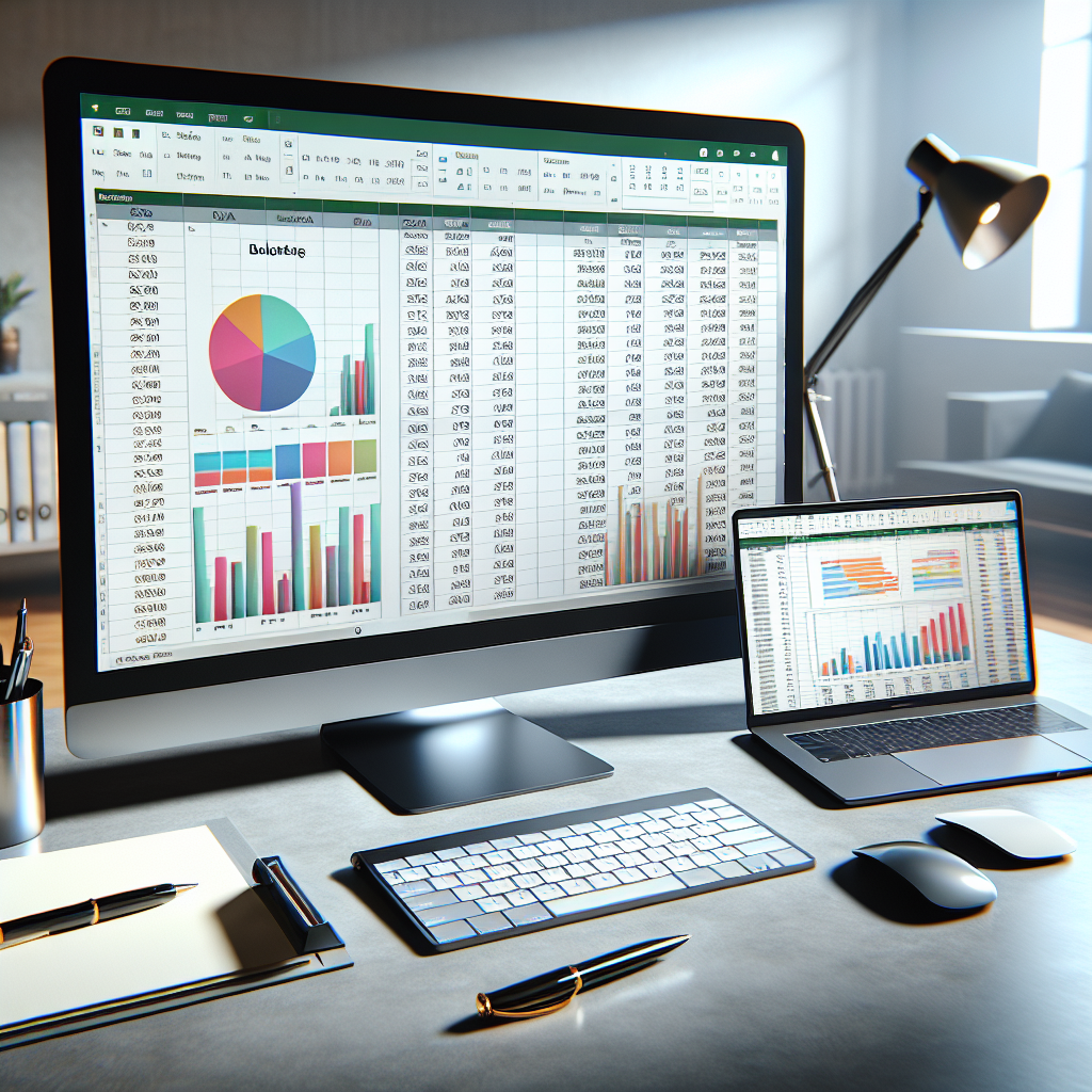 A realistic image showing a computer screen with an Excel spreadsheet, featuring graphs and tables on a modern desk.