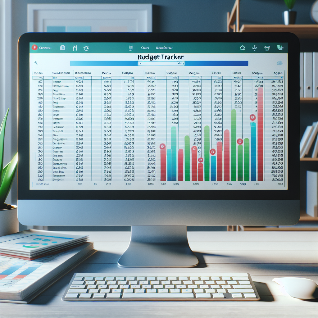 Computer screen showing a colorful Excel budget tracker in an office setting.