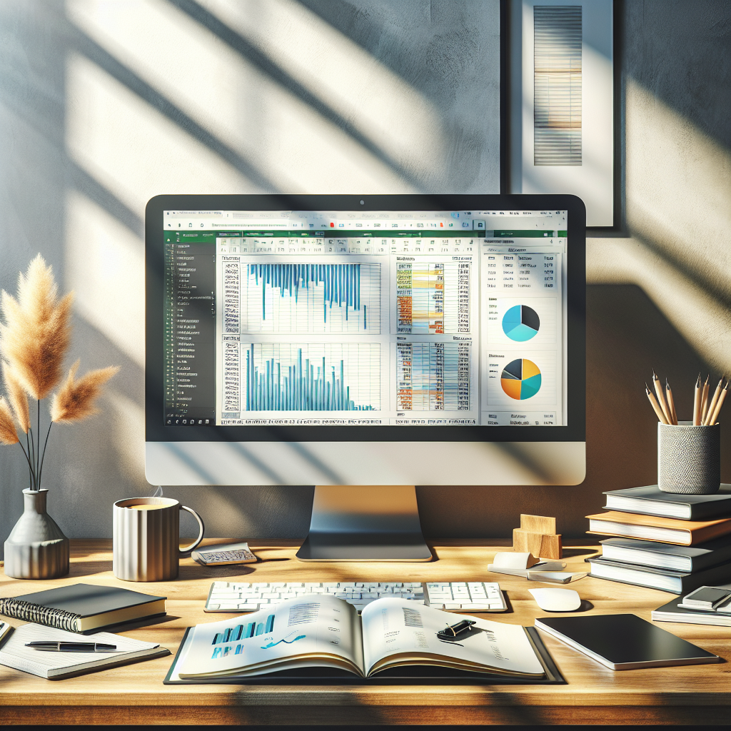 A modern home office with a desktop displaying an Excel budget tracker.