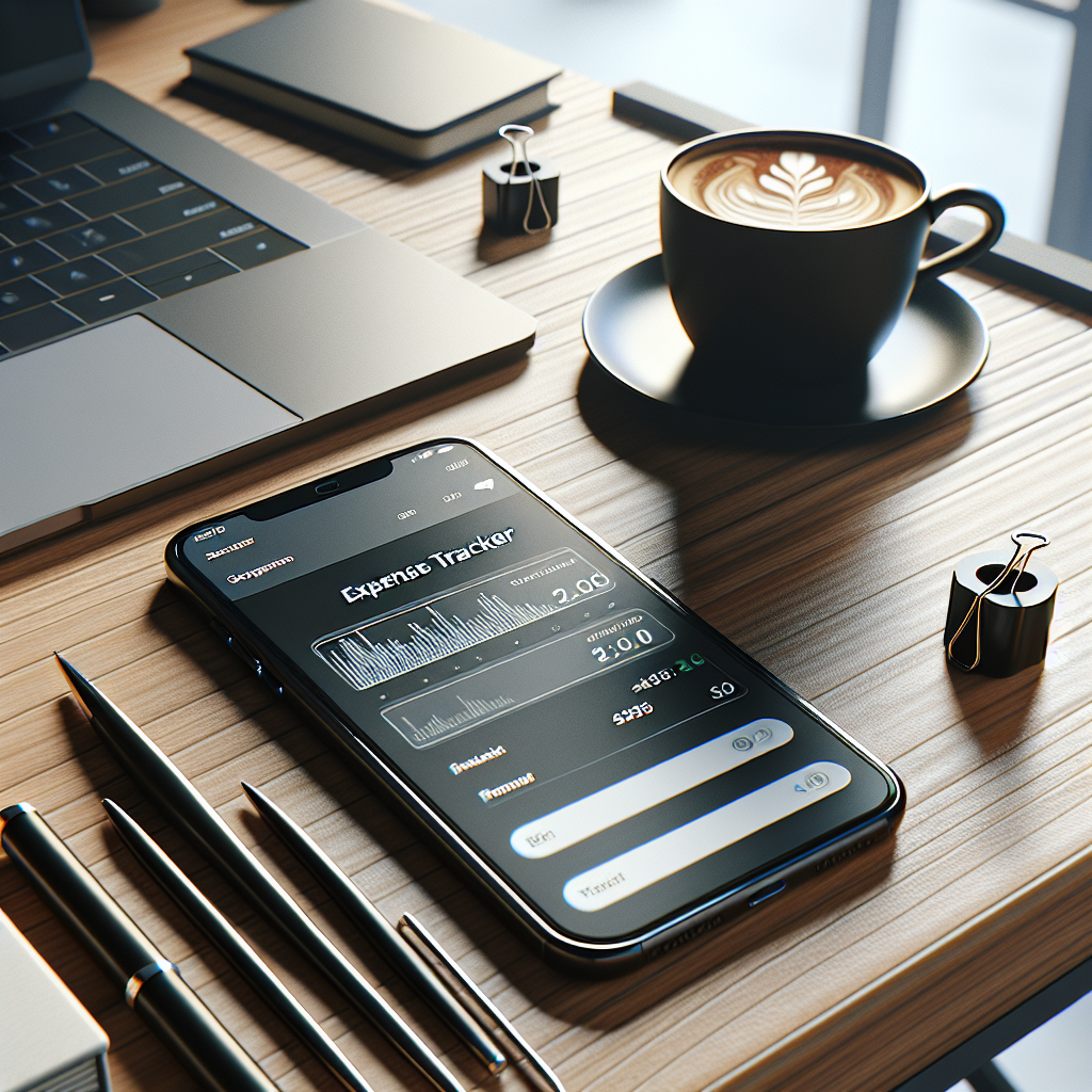 Realistic depiction of a workspace desk with a smartphone displaying an expense tracker app.