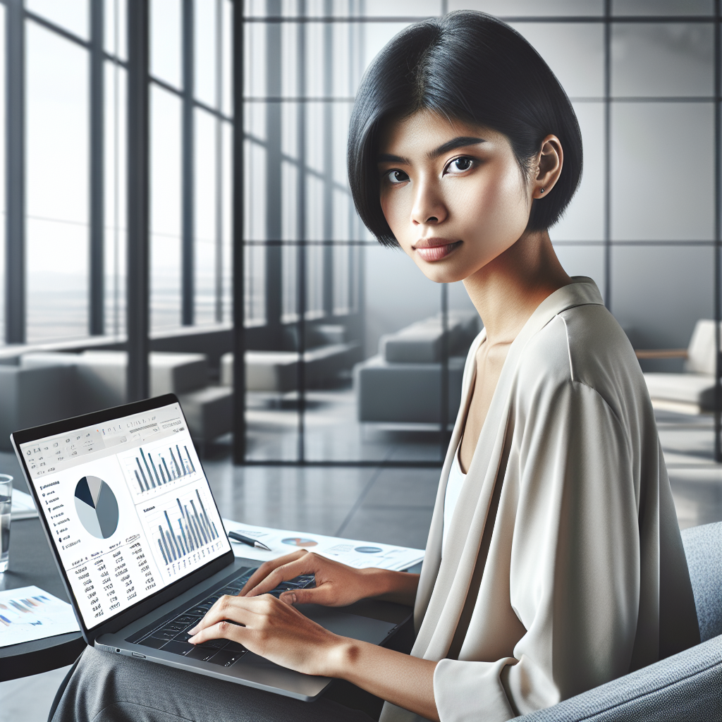 A young professional in a modern office working on financial data on a laptop.