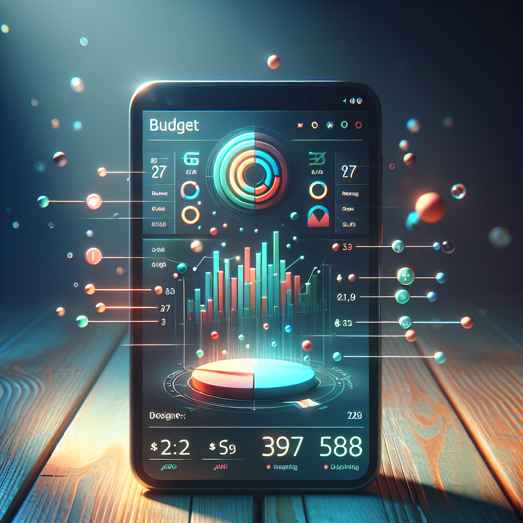 A digital interface of a budget tracking app on a smartphone, emphasizing graphs and charts.