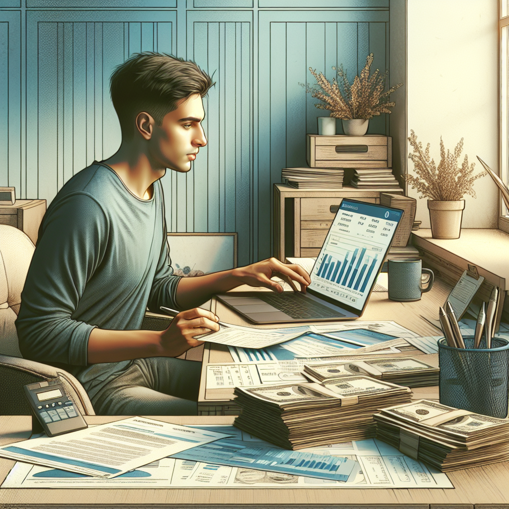 A young adult using a laptop for budget tracking at a desk, with bills and papers, in a naturally lit room.