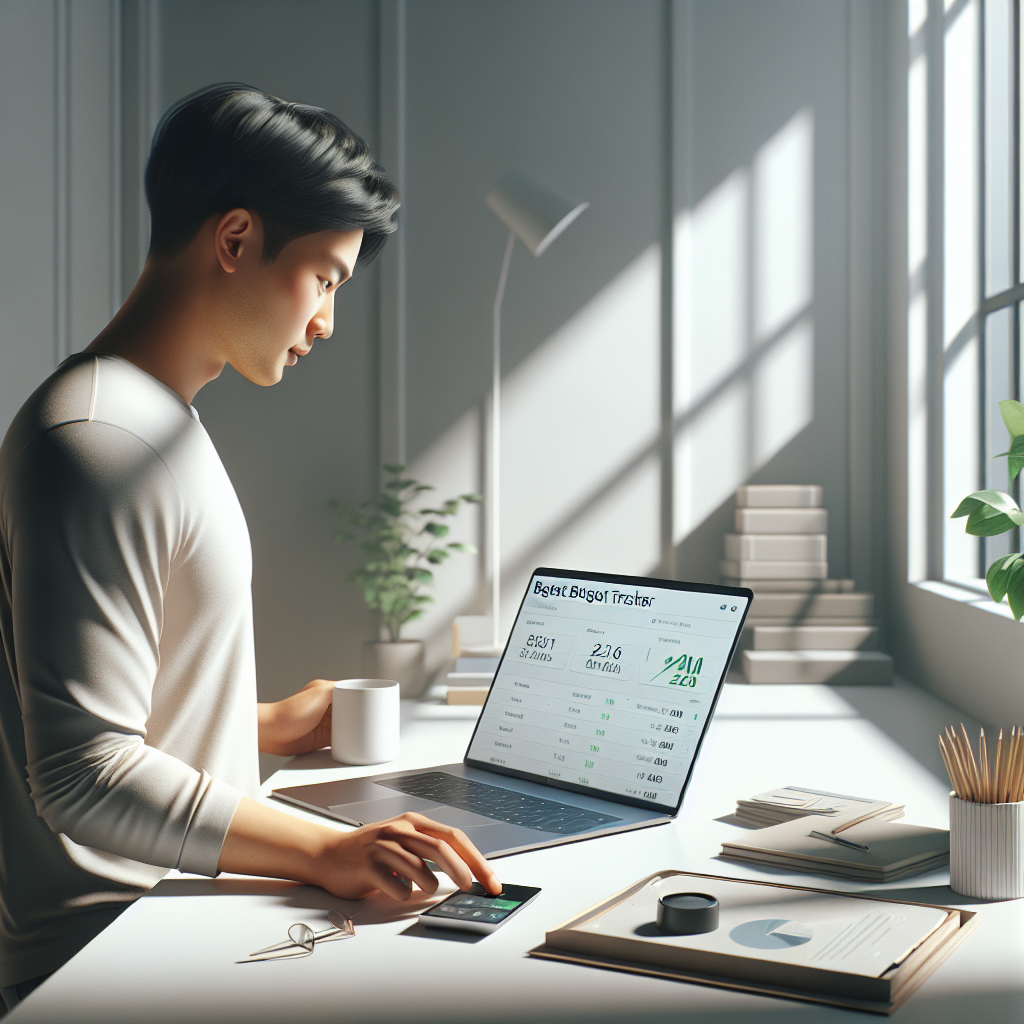 Young adult using a budget tracking app on a laptop in a minimalist workspace.