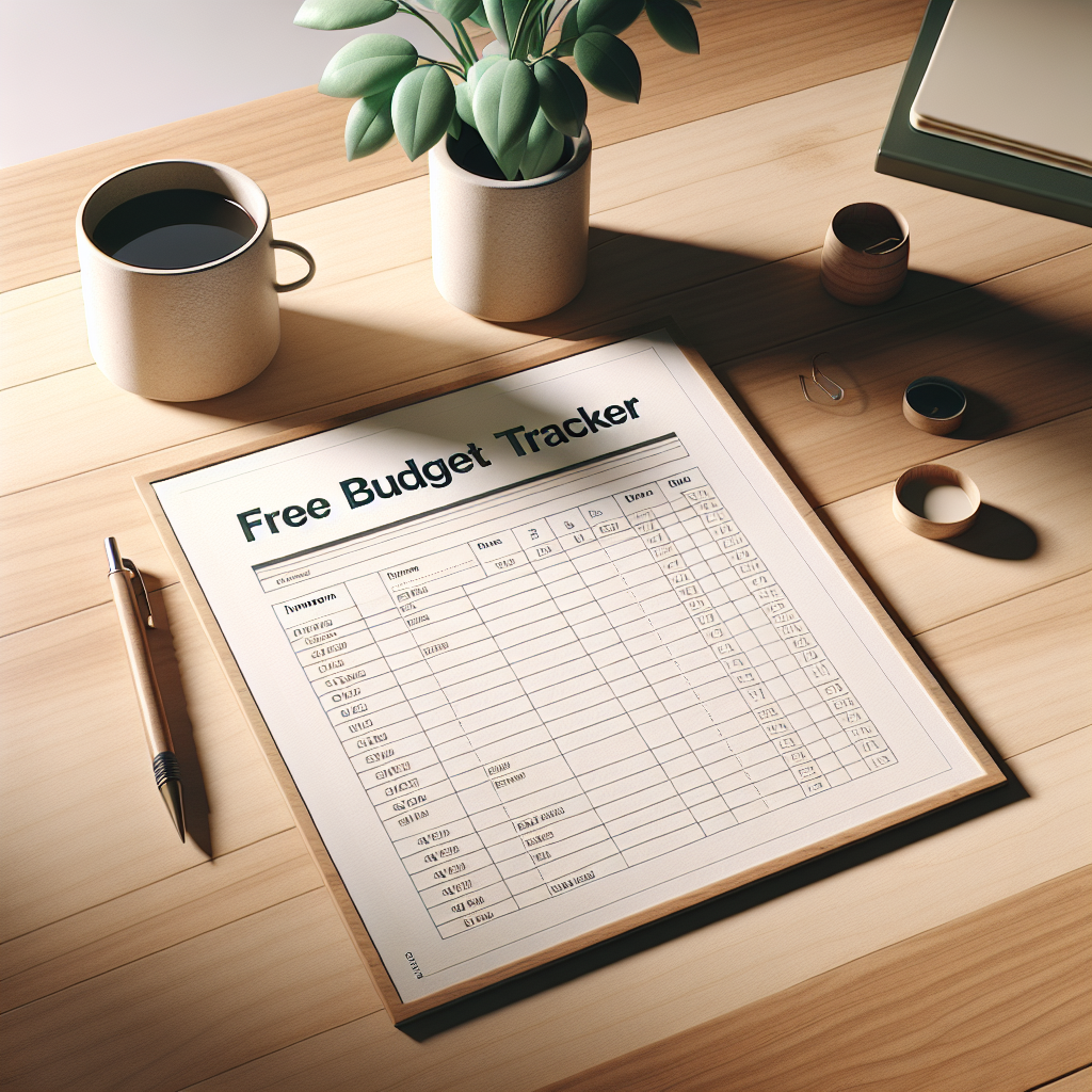 A realistic image of a free budget tracker PDF on a desk with a plant and coffee cup.