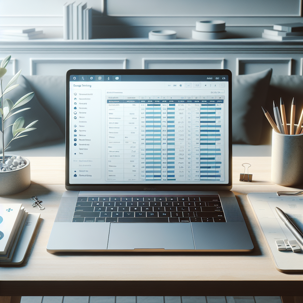 A realistic image of a desk with a laptop displaying a budget tracker PDF, surrounded by office items.