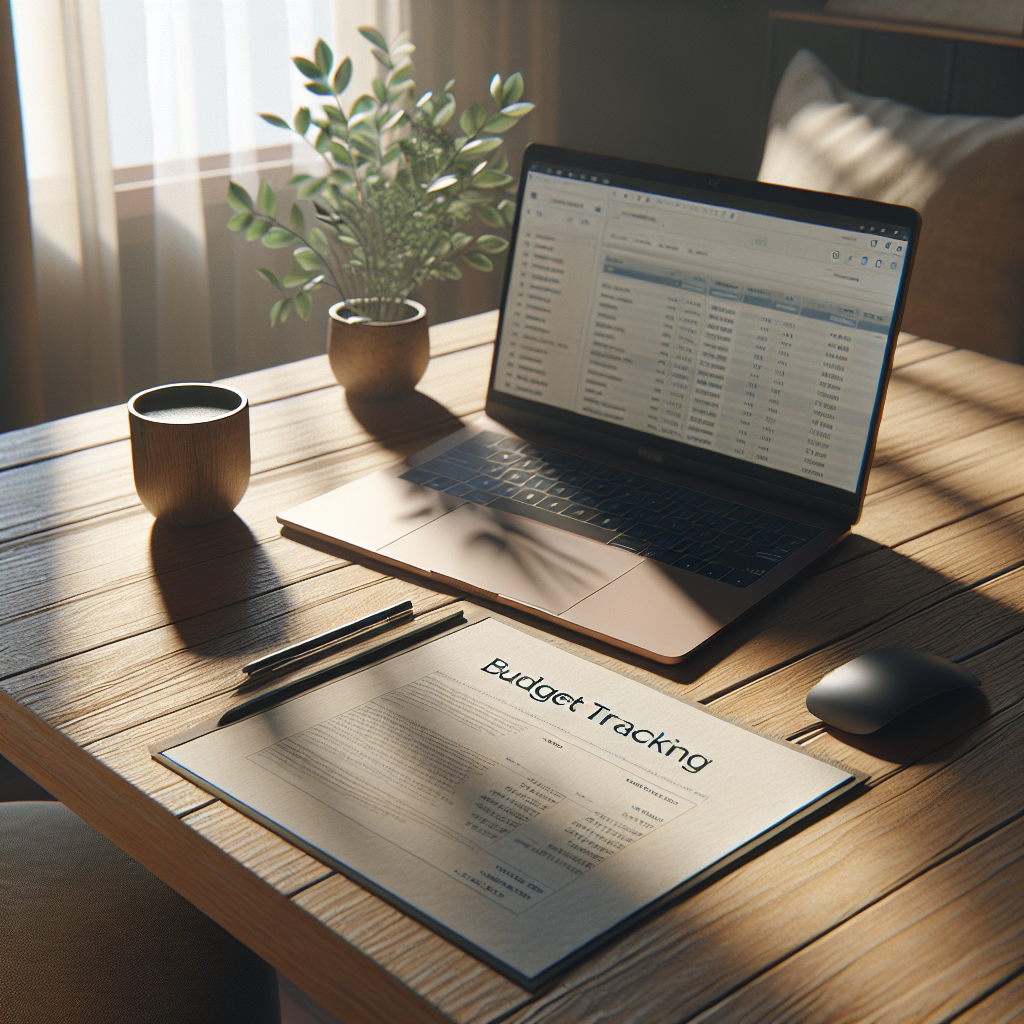 A serene home office scene with a laptop, budget tracker PDF, and coffee on a wooden desk, under natural lighting.