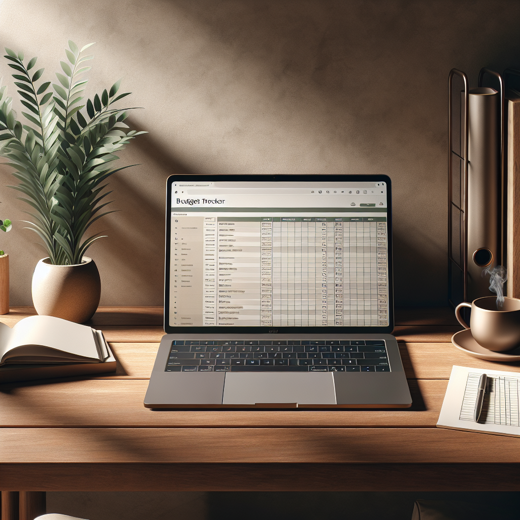 A workspace with a budget tracker PDF open on a desk, accompanied by a laptop, coffee cup, and plant.