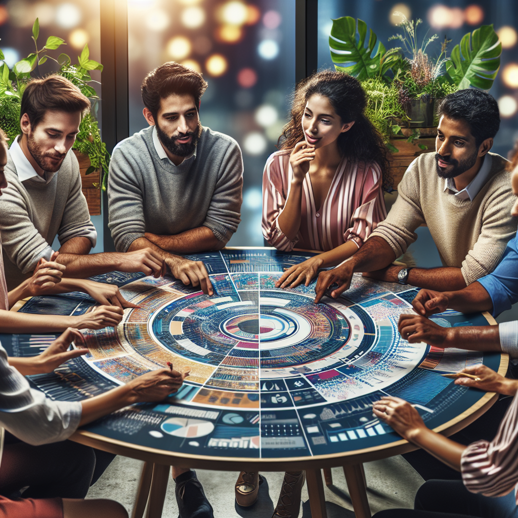 A diverse group of people engaged in a discussion around a table with budget plans in a warmly lit workspace.