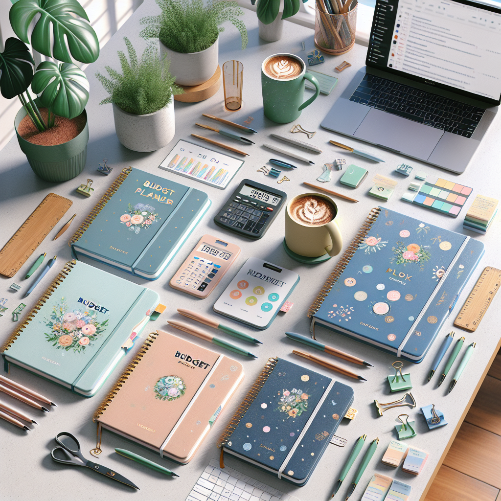 A desk with budget planners, pens, a potted plant, a laptop showing Reddit, and a coffee cup.