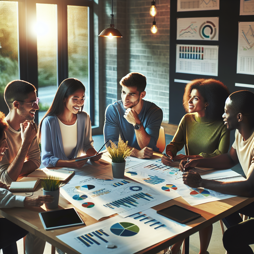 A diverse group discussing budget plans in a modern room with financial charts.