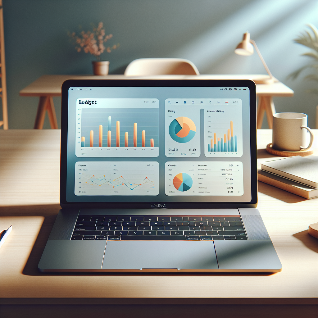 MacBook on a desk displaying a budget planner application.