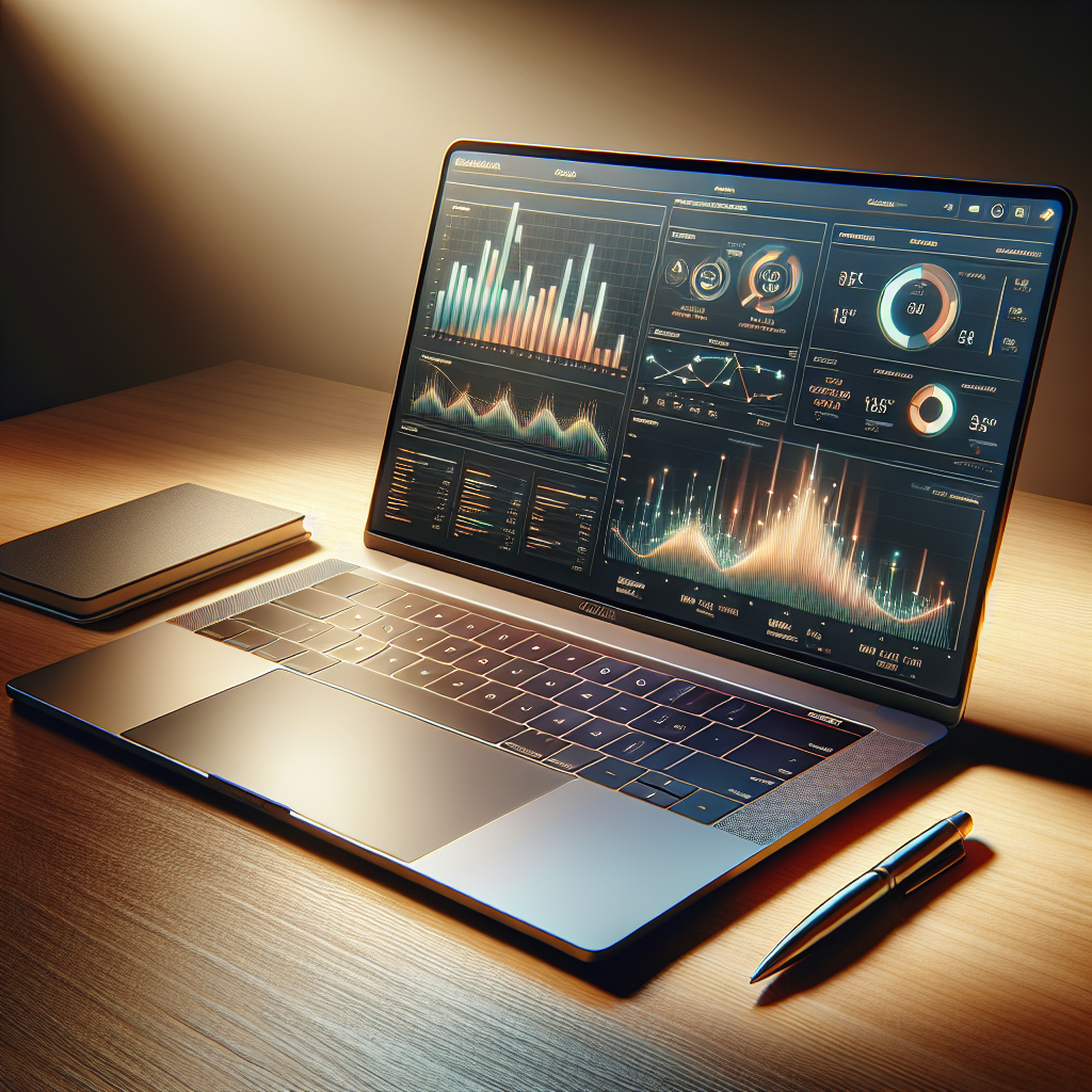 MacBook with budget planning app and charts on a desk.