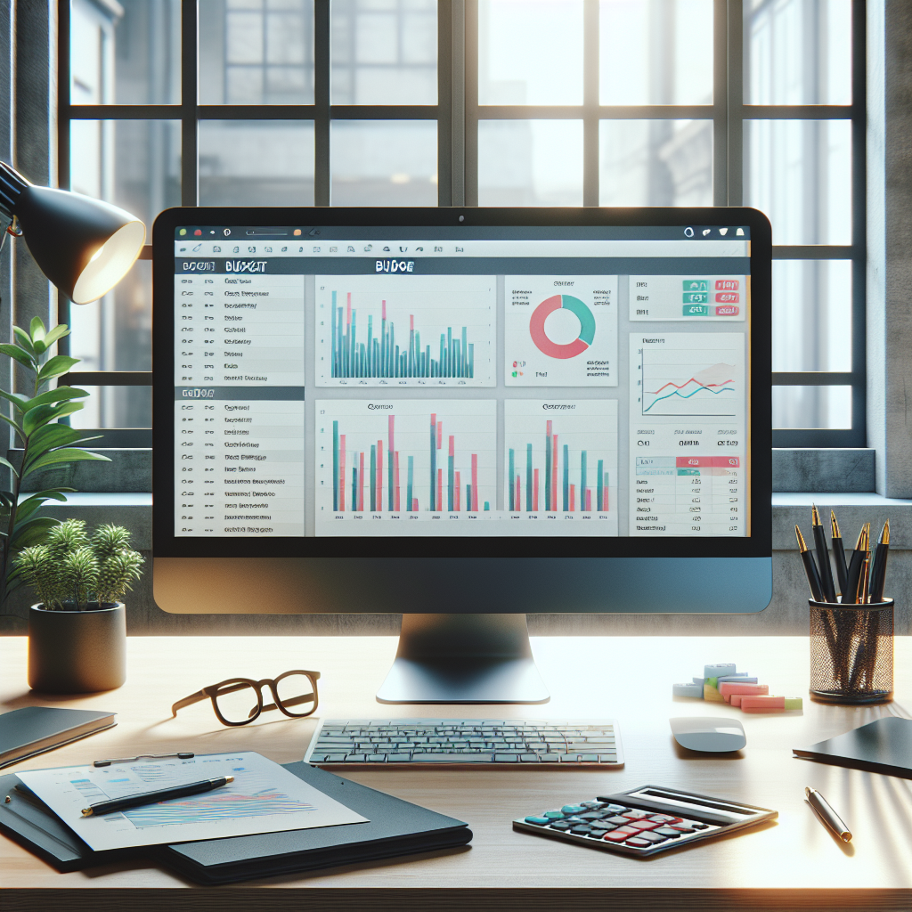 Modern office desk with Vanguard Budget Worksheet displayed on a computer screen with office supplies.