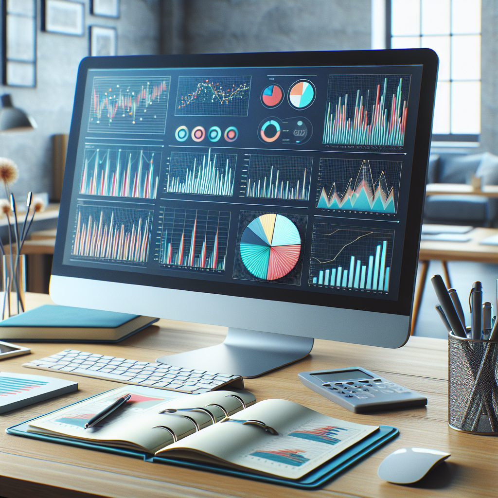 A financial workspace with graphs on a computer screen and a planner, emphasizing organization.