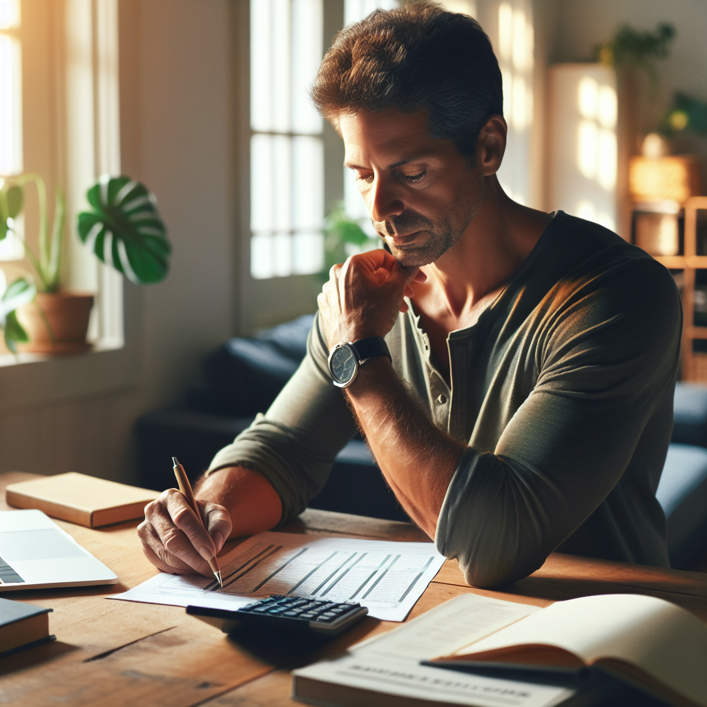 Person at a desk using a budget worksheet in a home office setting.